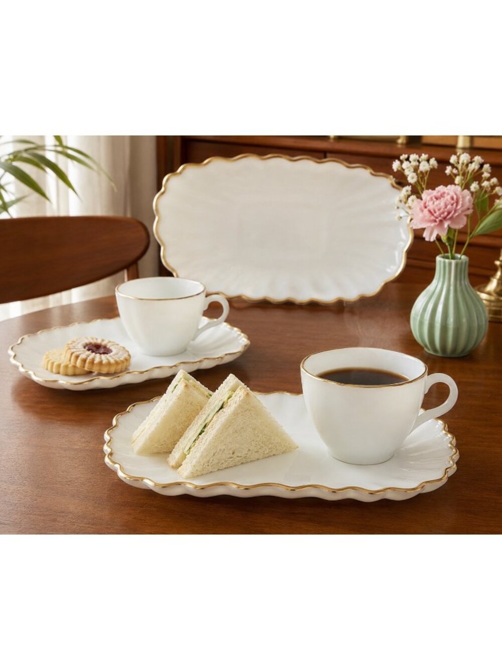 VTG Anchor Hocking Milk Glass Snack Set 22K Gold Rim 8-Piece Mid-Century New